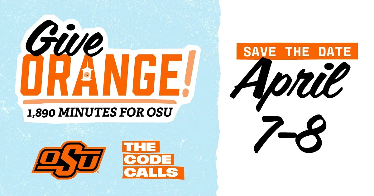 The image is an announcement for "Give Orange," a fundraising event for OSU, taking place from April 7-8 over 1,890 minutes.